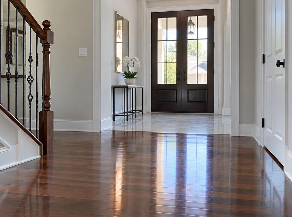 Polished hardwood and tile entryway floors